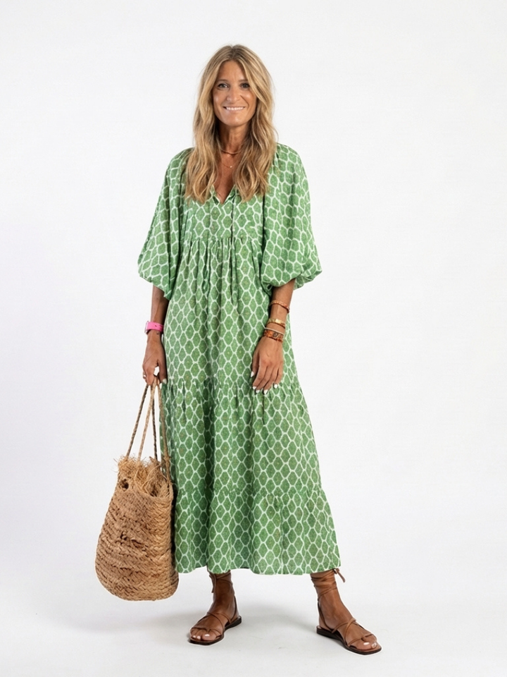 Apolline™ | Three Quarter Sleeve V Neck Patterned Midi Dress
