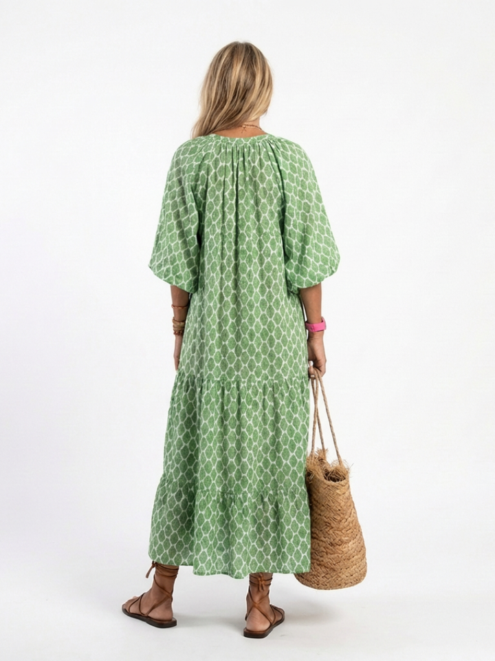 Apolline™ | Three Quarter Sleeve V Neck Patterned Midi Dress