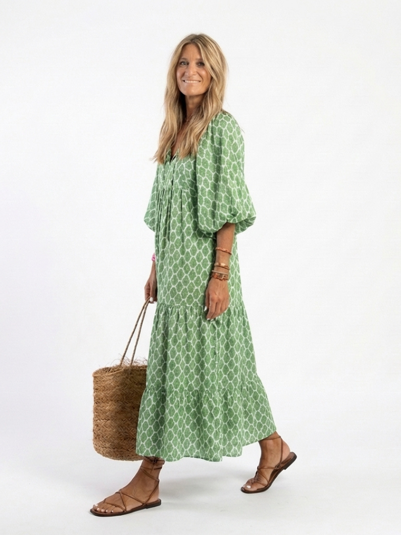 Apolline™ | Three Quarter Sleeve V Neck Patterned Midi Dress