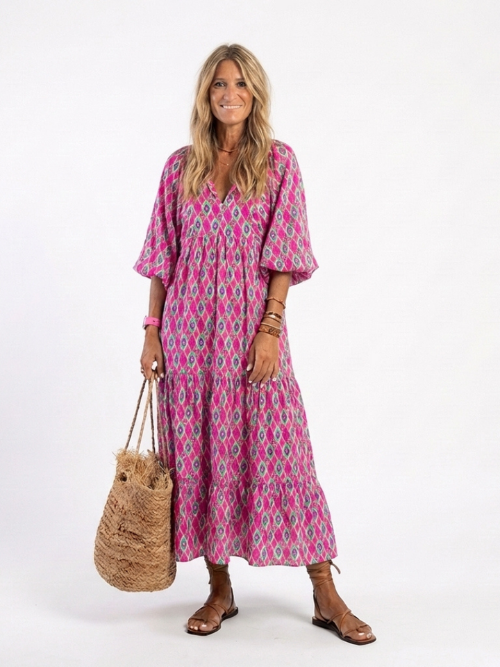 Apolline™ | Three Quarter Sleeve V Neck Patterned Midi Dress
