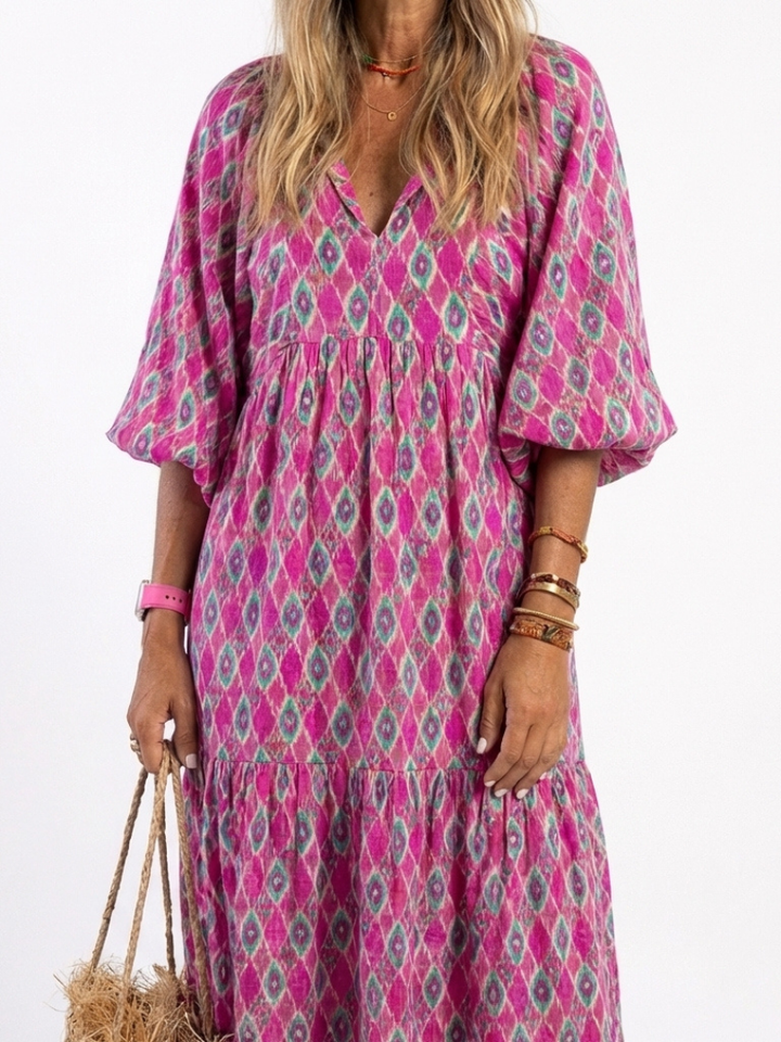 Apolline™ | Three Quarter Sleeve V Neck Patterned Midi Dress