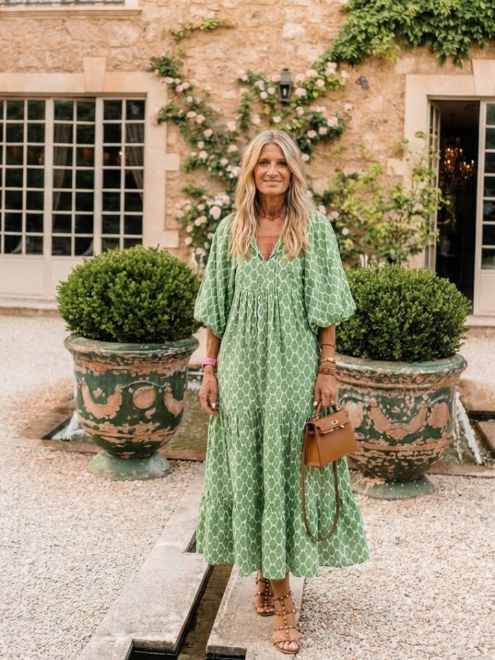 Apolline™ | Three Quarter Sleeve V Neck Patterned Midi Dress