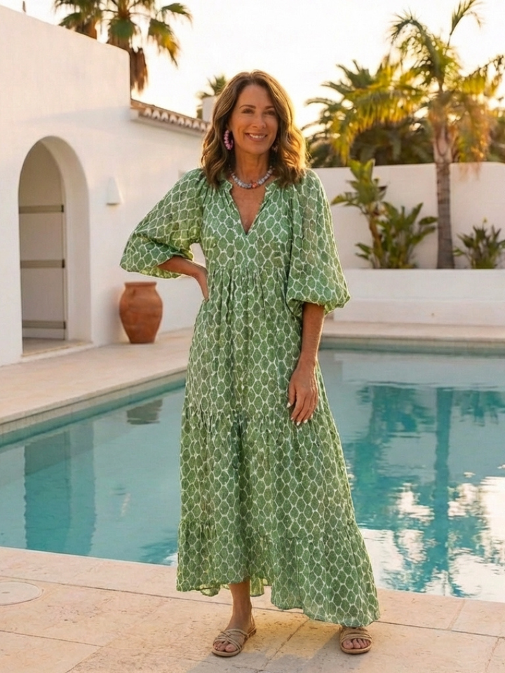 Apolline™ | Three Quarter Sleeve V Neck Patterned Midi Dress