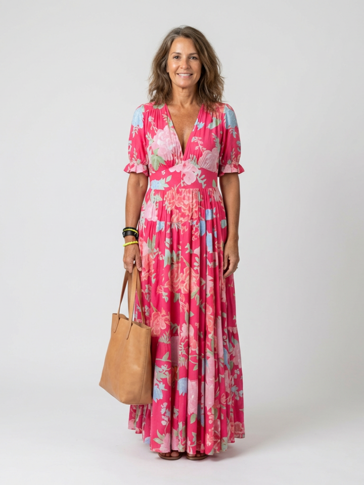 Ione™ | Short Sleeve V Neck Floral Midi Dress