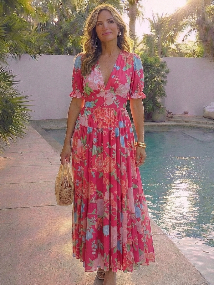 Ione™ | Short Sleeve V Neck Floral Midi Dress