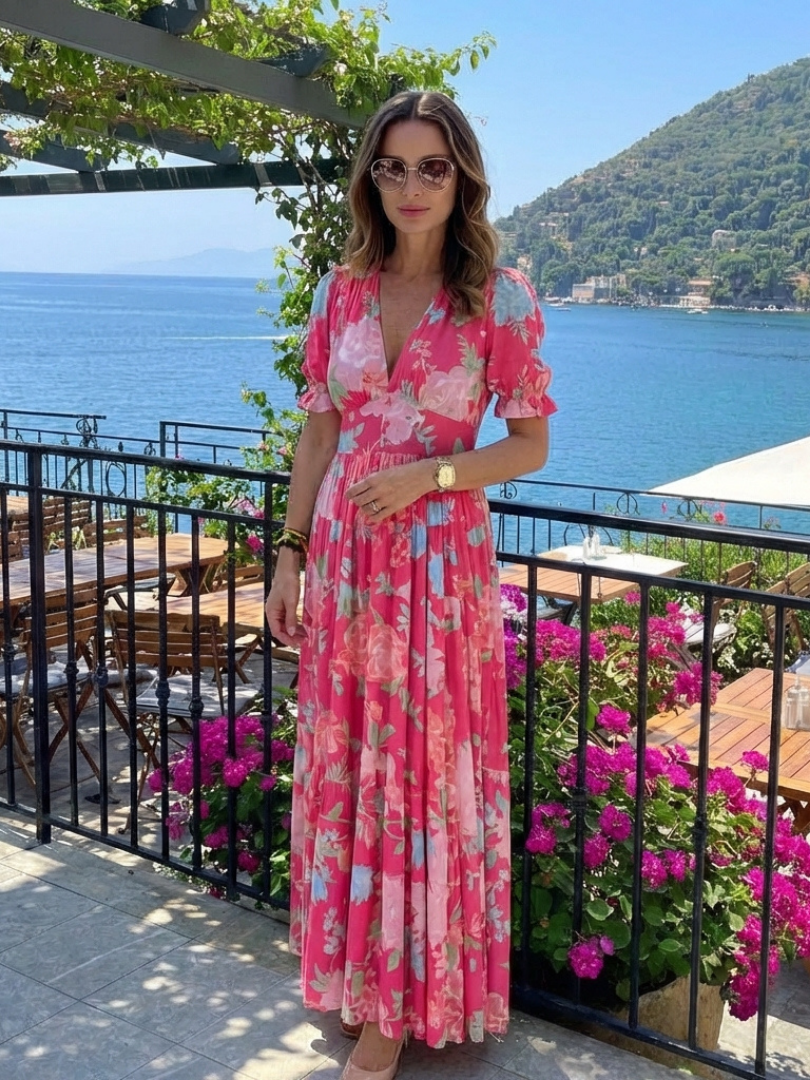 Ione™ | Short Sleeve V Neck Floral Midi Dress