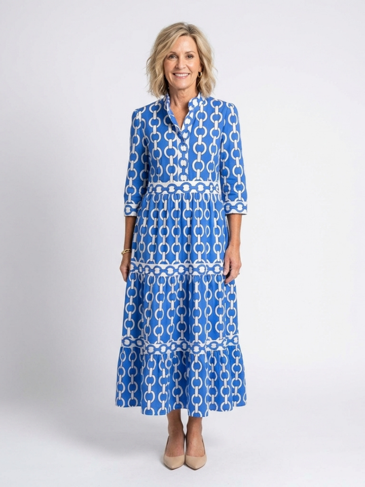 Blanche™ | Three Quarter Sleeve Chain Pattern Midi Dress