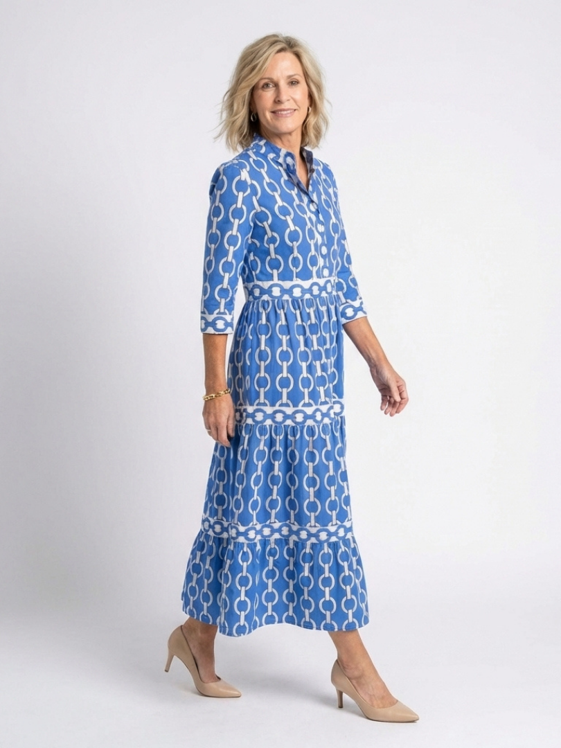 Blanche™ | Three Quarter Sleeve Chain Pattern Midi Dress