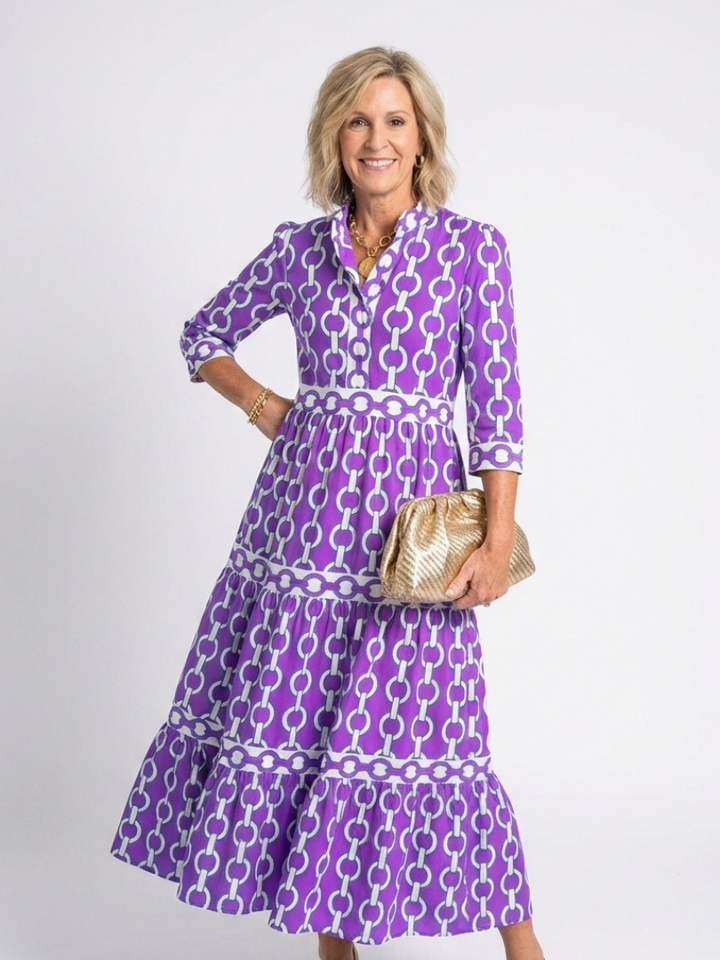 Blanche™ | Three Quarter Sleeve Chain Pattern Midi Dress
