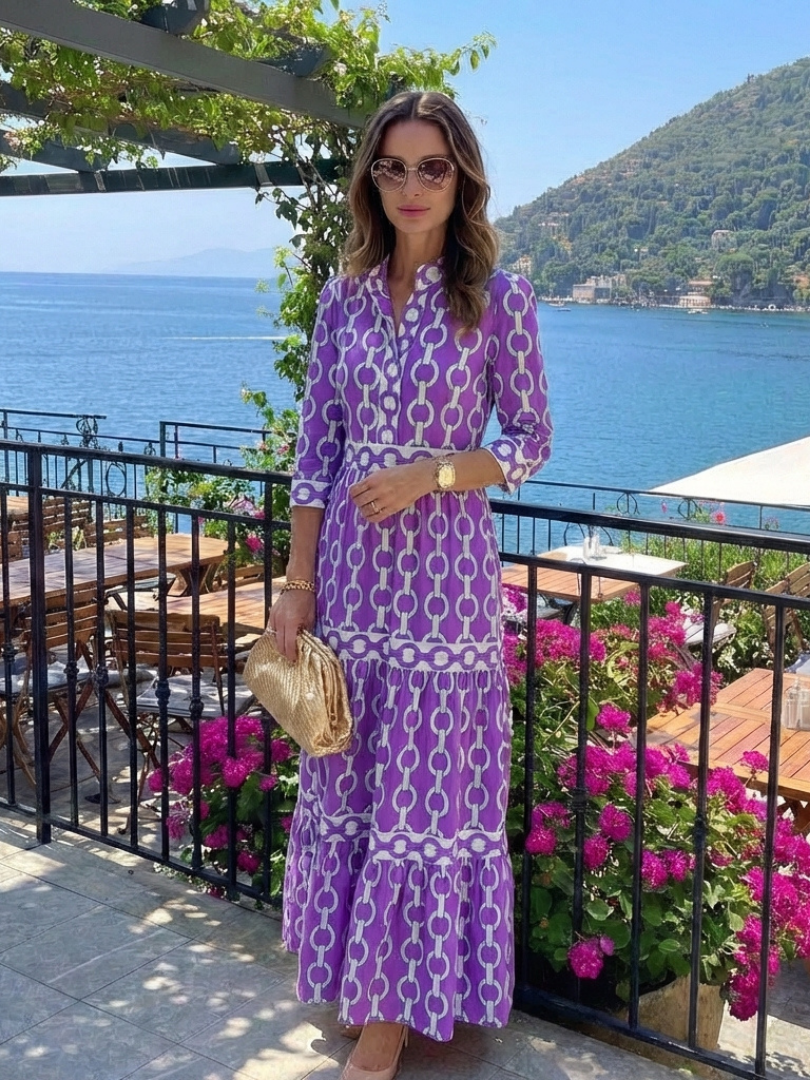 Blanche™ | Three Quarter Sleeve Chain Pattern Midi Dress