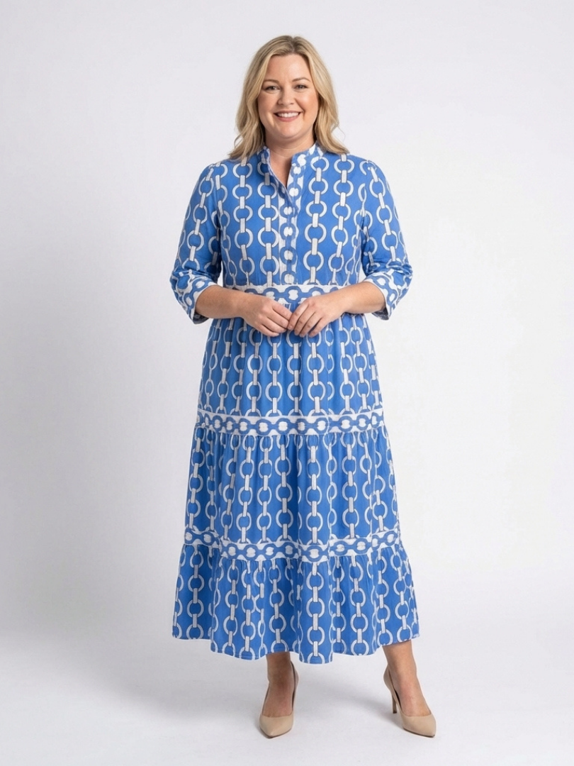 Blanche™ | Three Quarter Sleeve Chain Pattern Midi Dress
