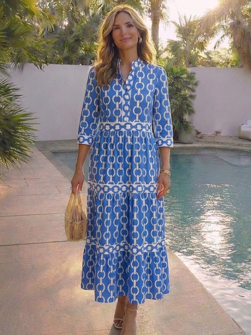 Blanche™ | Three Quarter Sleeve Chain Pattern Midi Dress