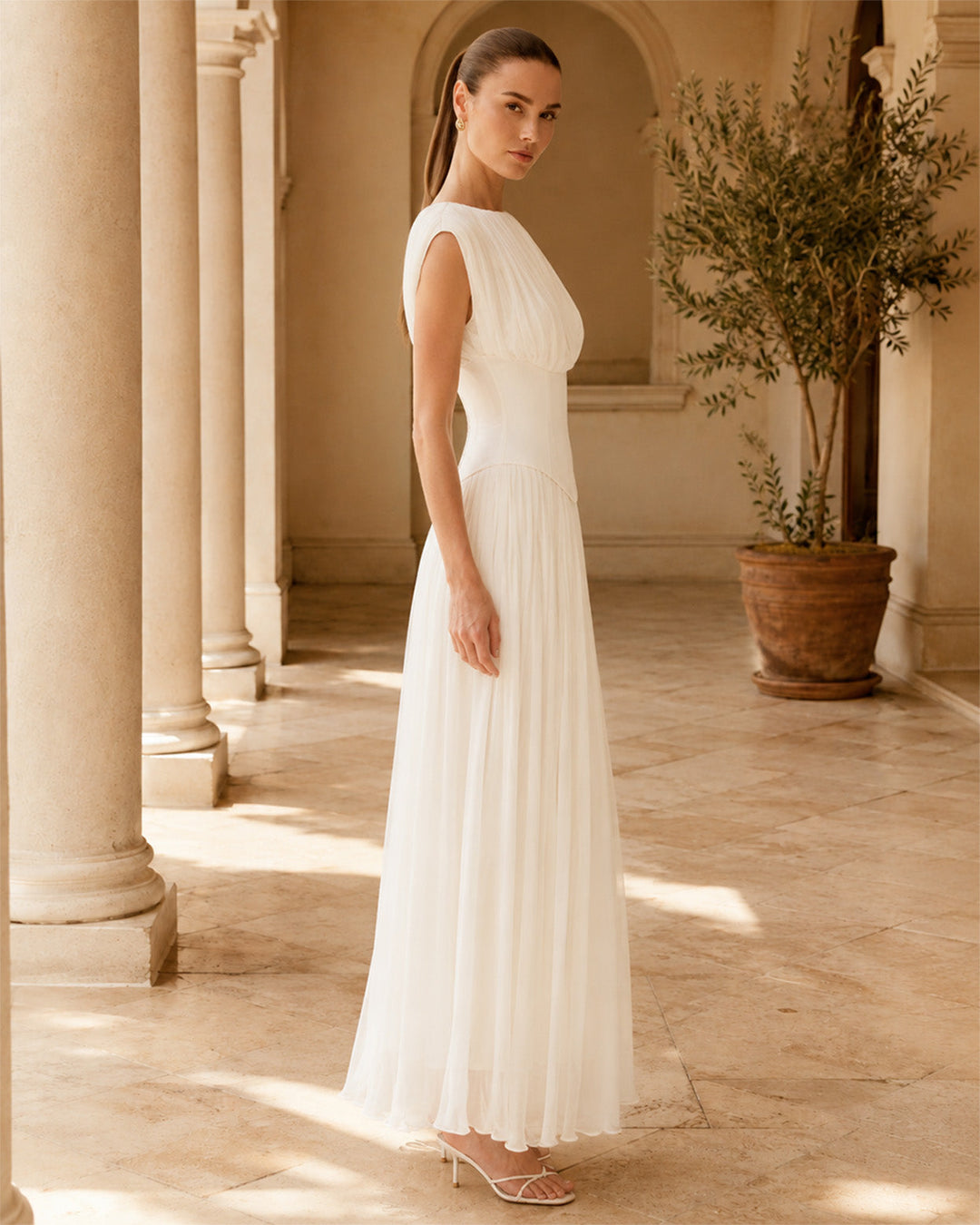 Evelina Ivory Chiffon Midi Dress