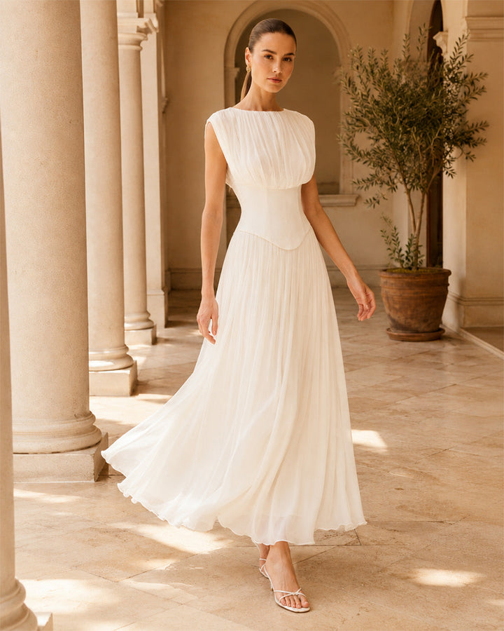 Evelina Ivory Chiffon Midi Dress