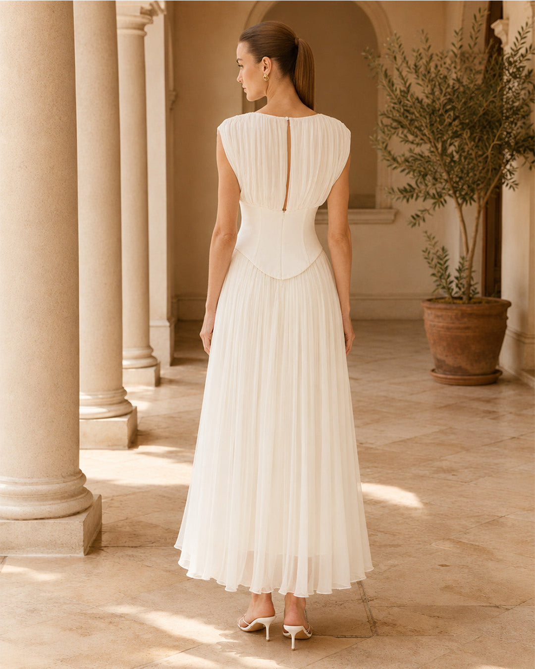 Evelina Ivory Chiffon Midi Dress