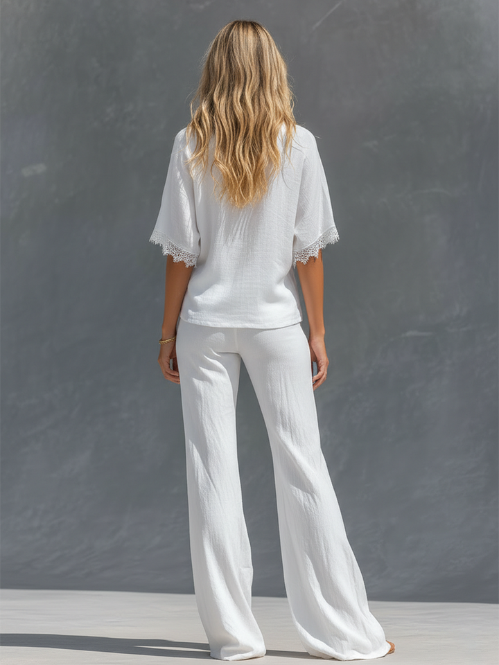Retro V-neck Cotton And Linen Short-sleeved T-shirt And Wide-leg Pants Set