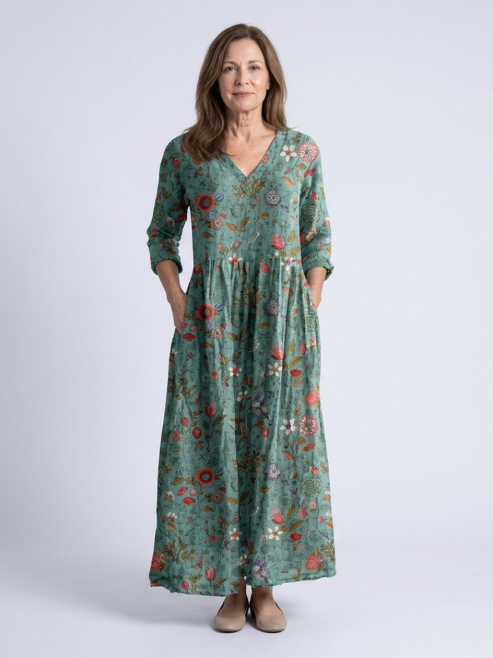 Marina™ | Floral V Neck Three Quarter Sleeve Maxi Dress