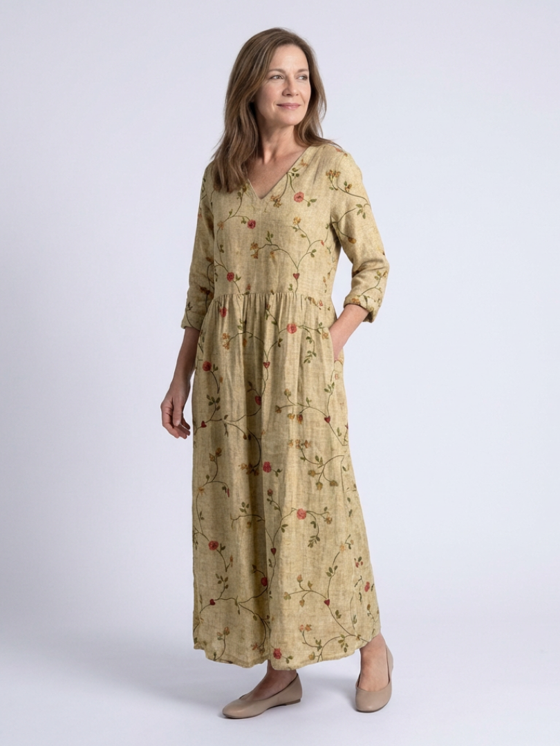 Marina™ | Floral V Neck Three Quarter Sleeve Maxi Dress