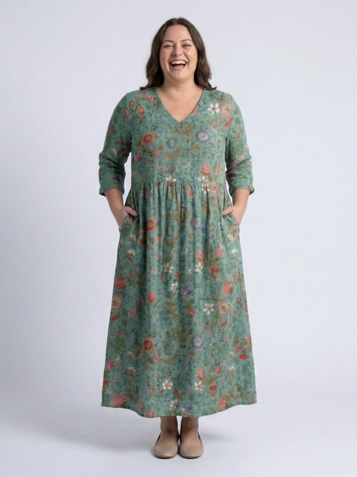 Marina™ | Floral V Neck Three Quarter Sleeve Maxi Dress