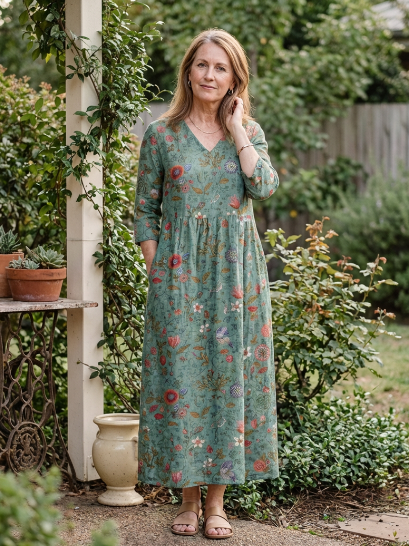 Marina™ | Floral V Neck Three Quarter Sleeve Maxi Dress