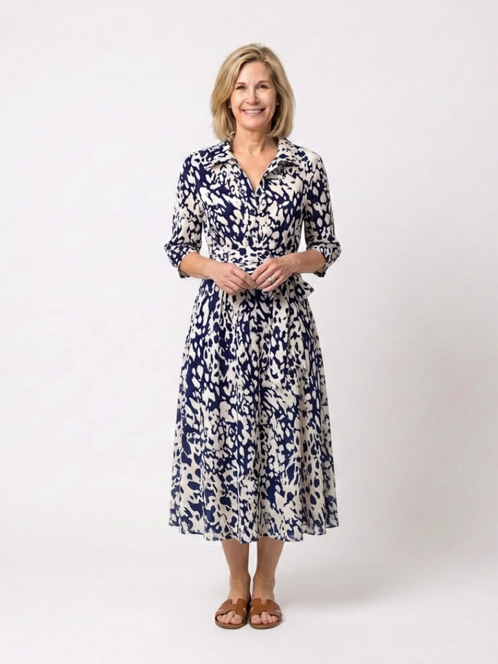 Oriana™ | Collared Long Sleeve Waist Tie Midi Dress