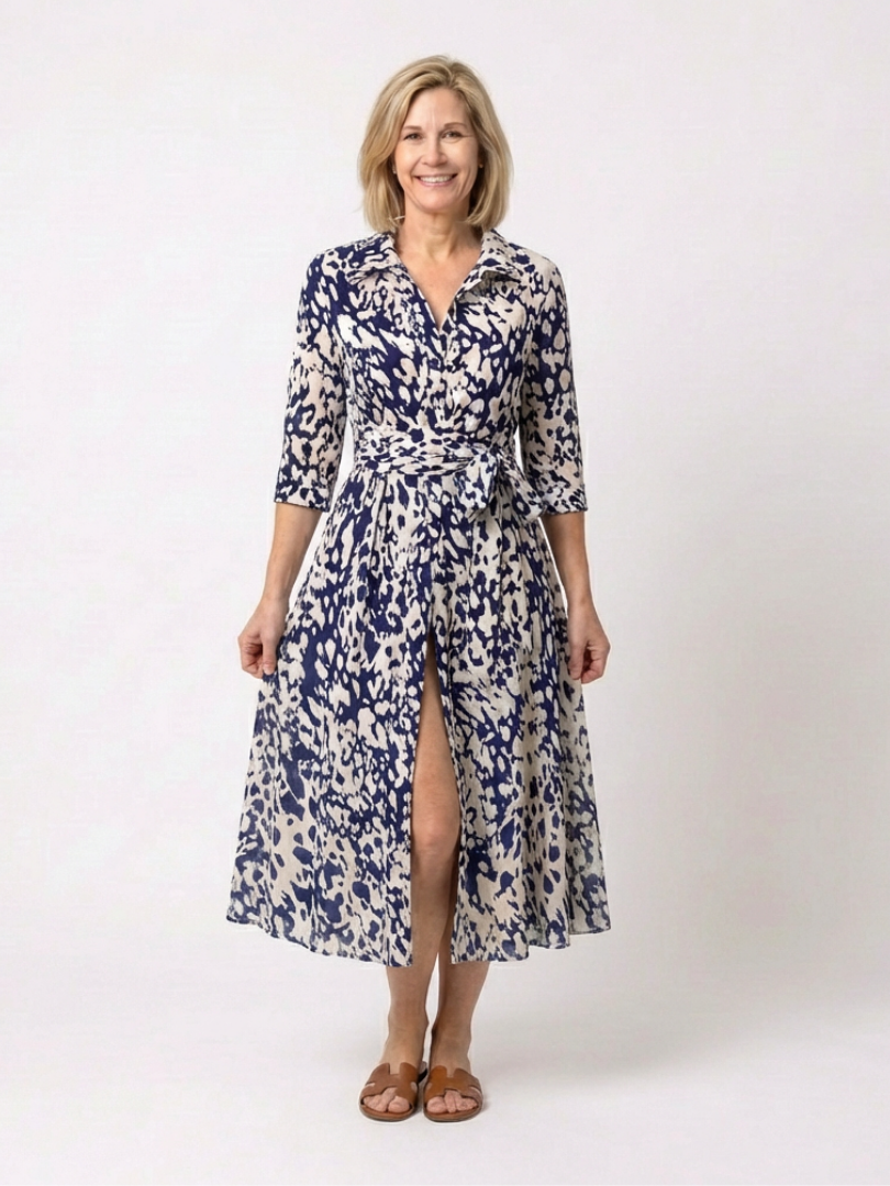 Oriana™ | Collared Long Sleeve Waist Tie Midi Dress