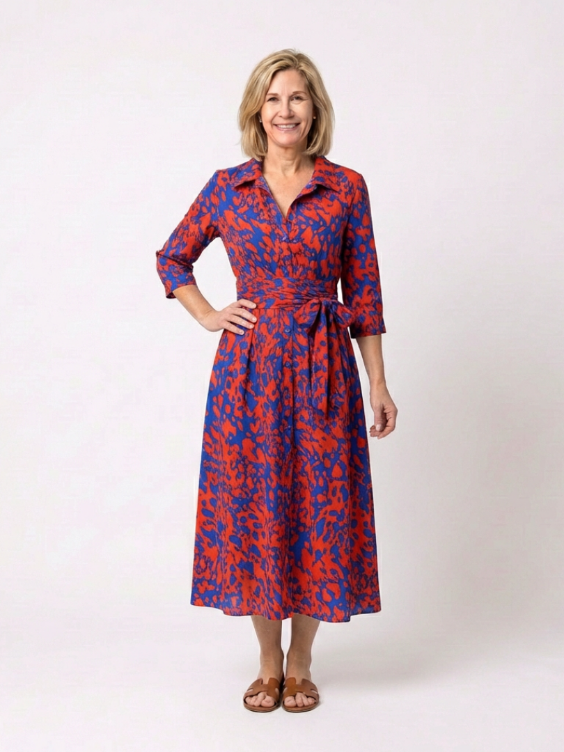 Oriana™ | Collared Long Sleeve Waist Tie Midi Dress