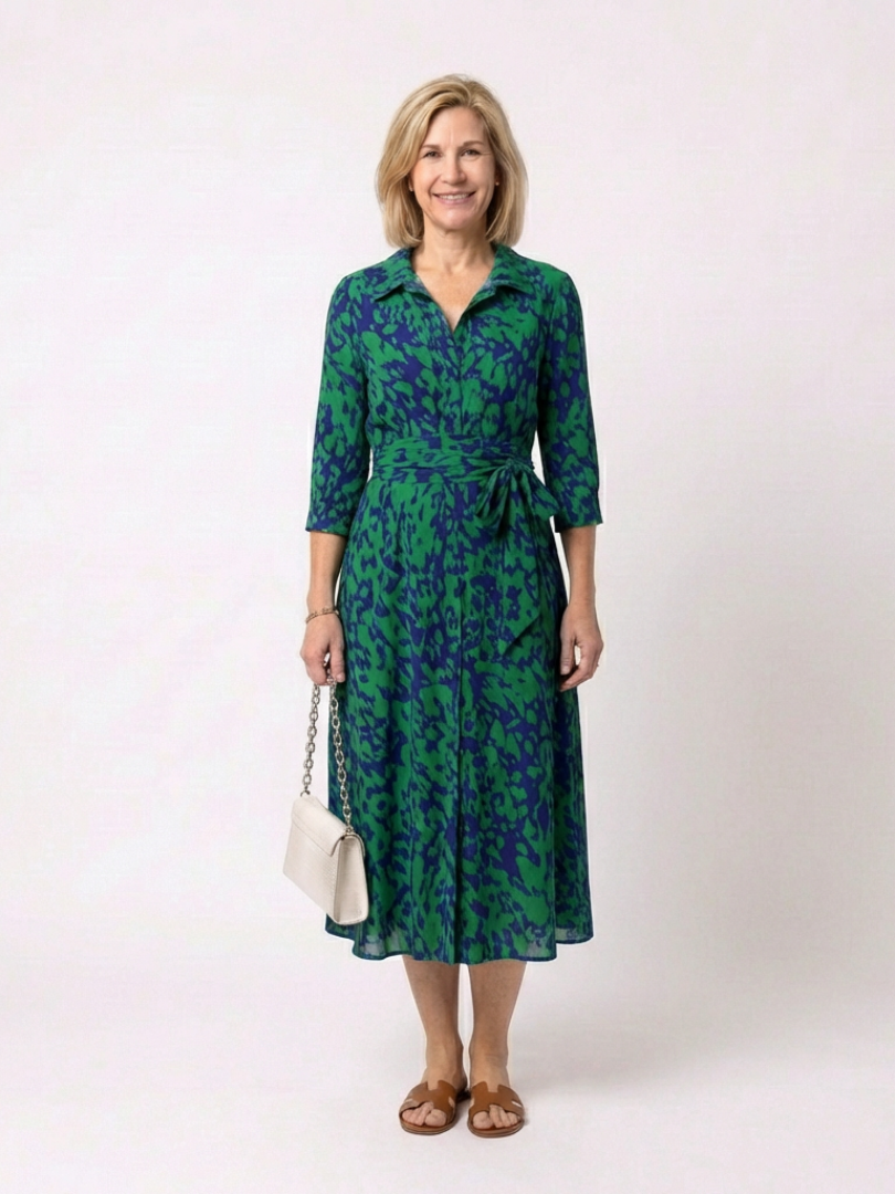 Oriana™ | Collared Long Sleeve Waist Tie Midi Dress