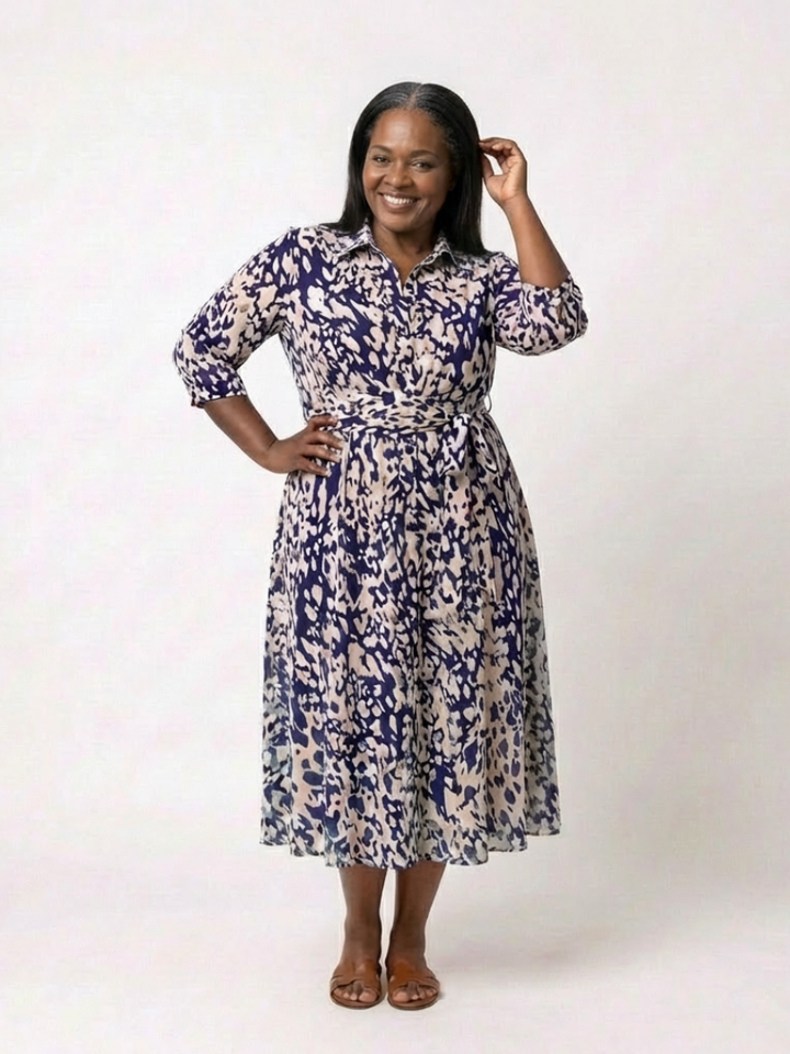 Oriana™ | Collared Long Sleeve Waist Tie Midi Dress