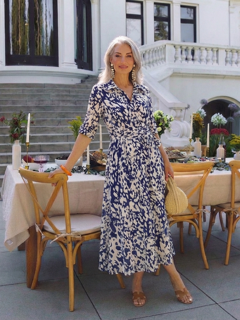 Oriana™ | Collared Long Sleeve Waist Tie Midi Dress