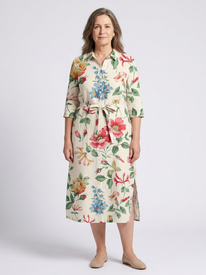 Maribel™ | Button Front Half Sleeve Floral Midi Dress