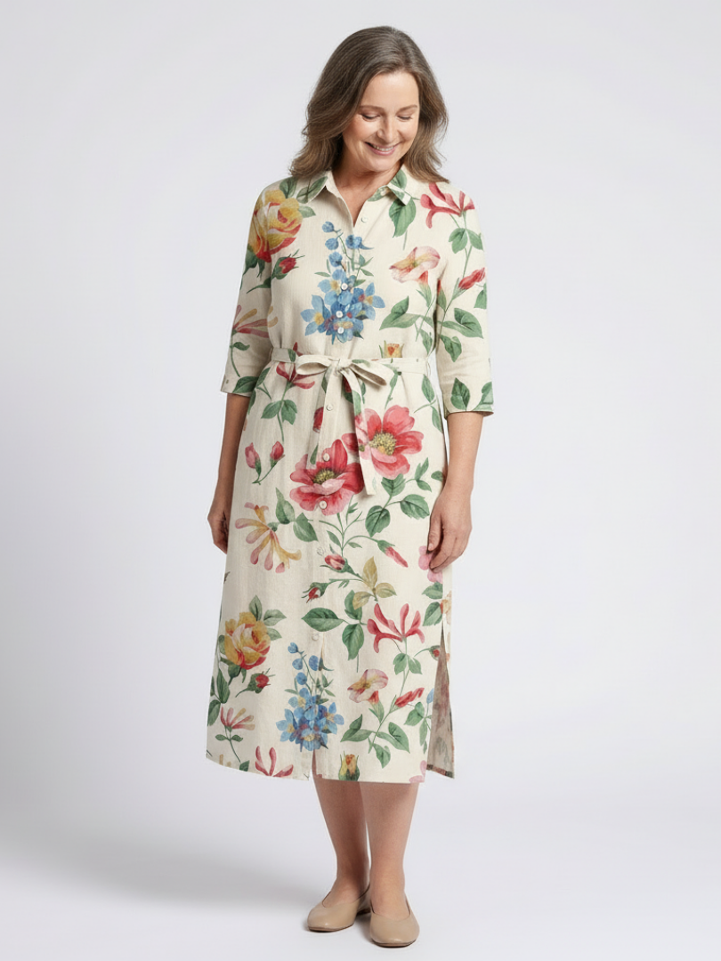 Maribel™ | Button Front Half Sleeve Floral Midi Dress