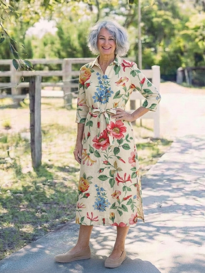 Maribel™ | Button Front Half Sleeve Floral Midi Dress