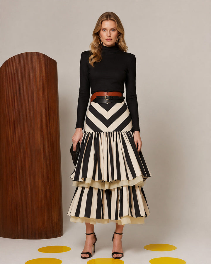 Formline Contrast Tiered Midi Skirt