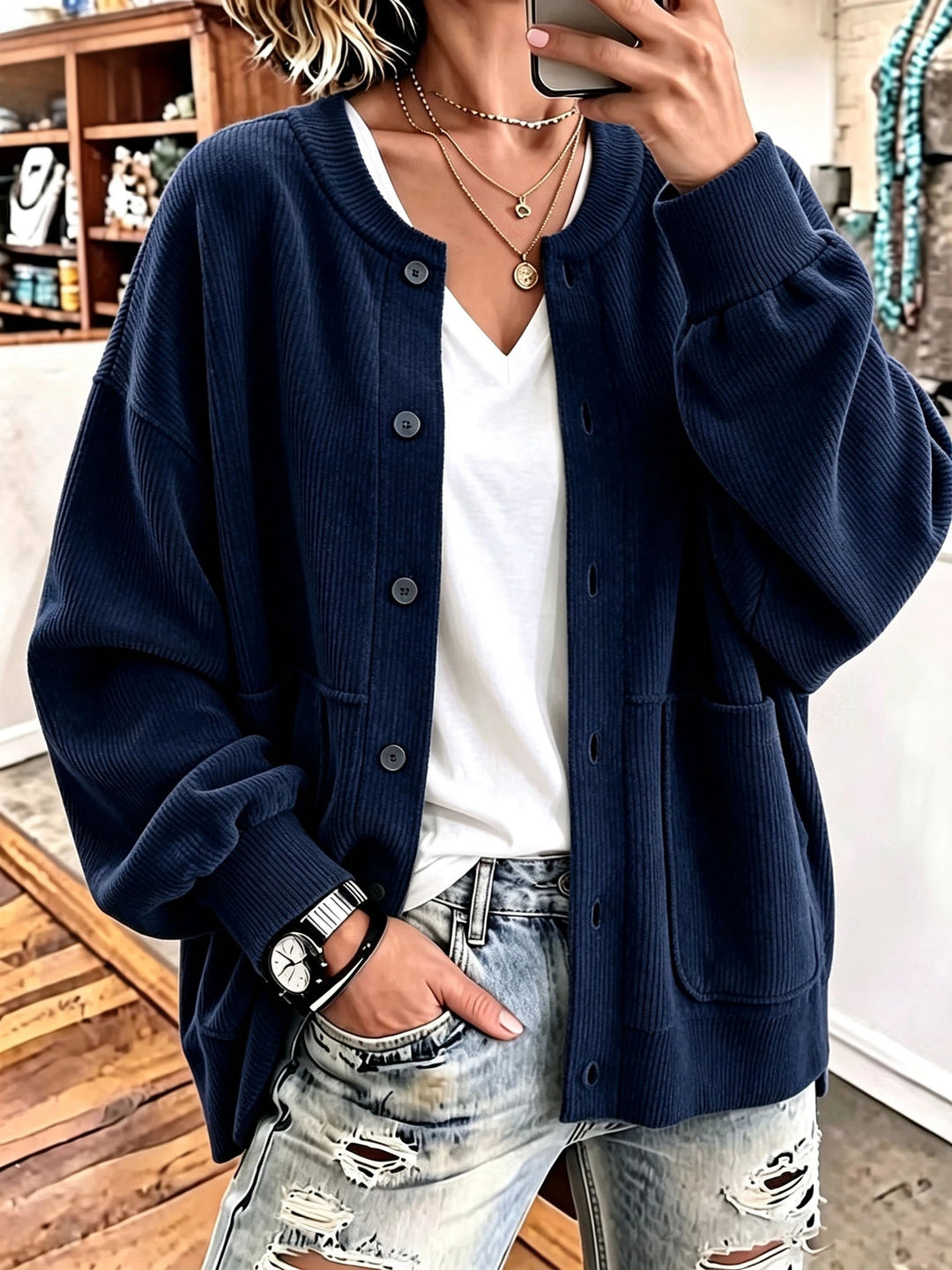 Rosie™ Oversized Ribbed Button Jacket