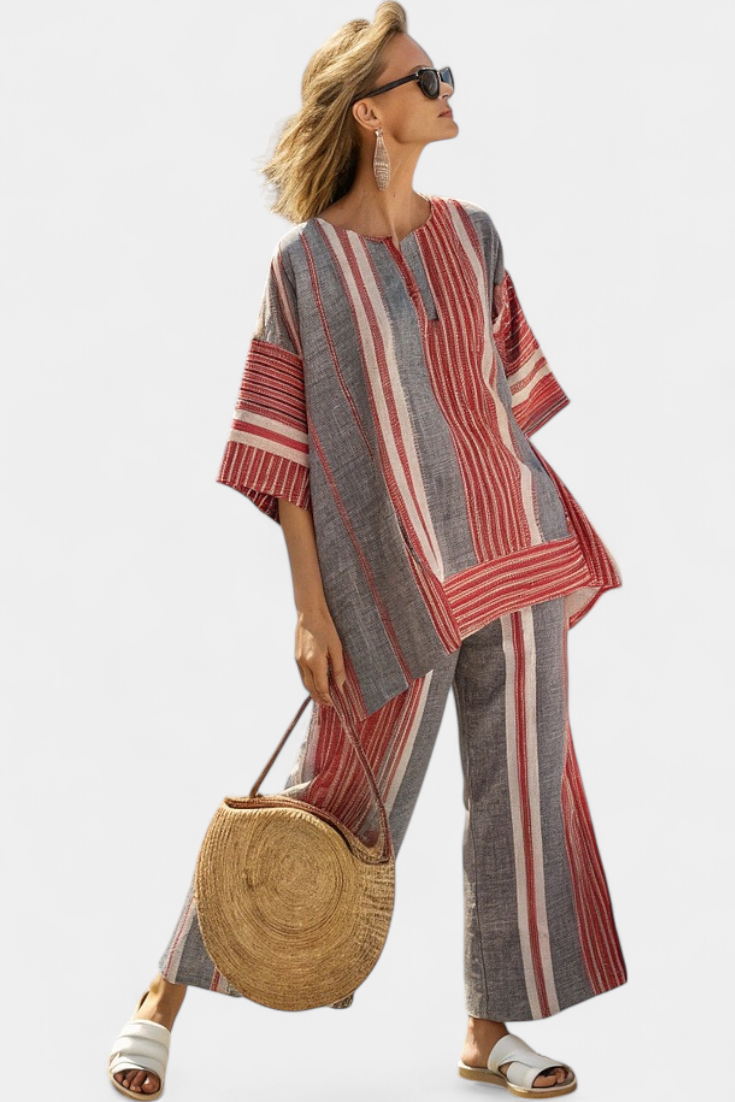 Bravine™ | Elegant Coral-Gray Linen Top &amp; Wide-Leg Pants