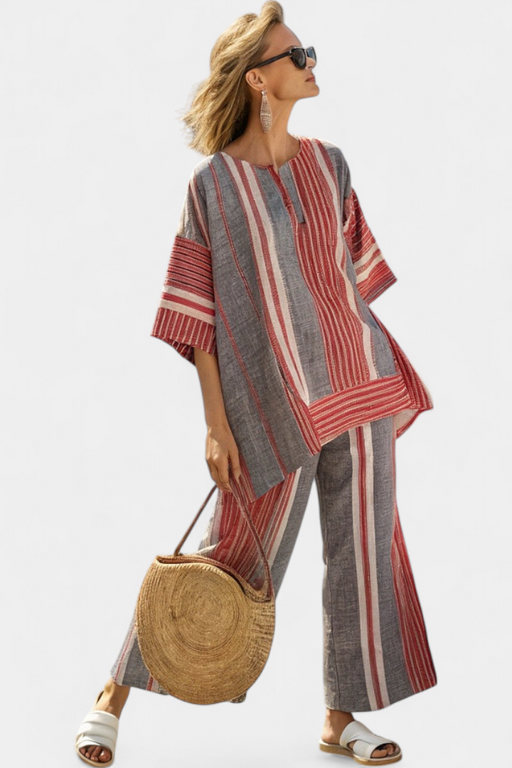 Bravine™ | Elegant Coral-Gray Linen Top &amp; Wide-Leg Pants