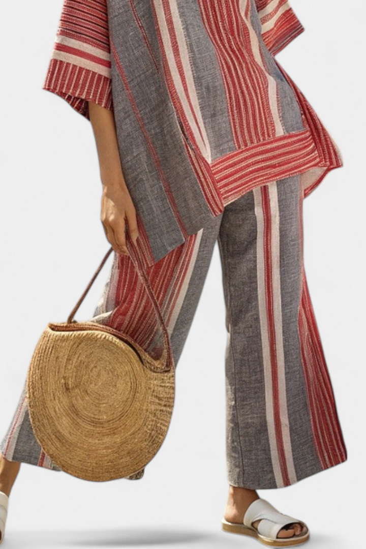 Bravine™ | Elegant Coral-Gray Linen Top &amp; Wide-Leg Pants