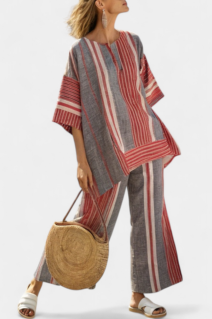 Bravine™ | Elegant Coral-Gray Linen Top &amp; Wide-Leg Pants