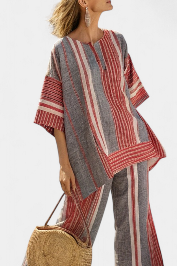 Bravine™ | Elegant Coral-Gray Linen Top &amp; Wide-Leg Pants