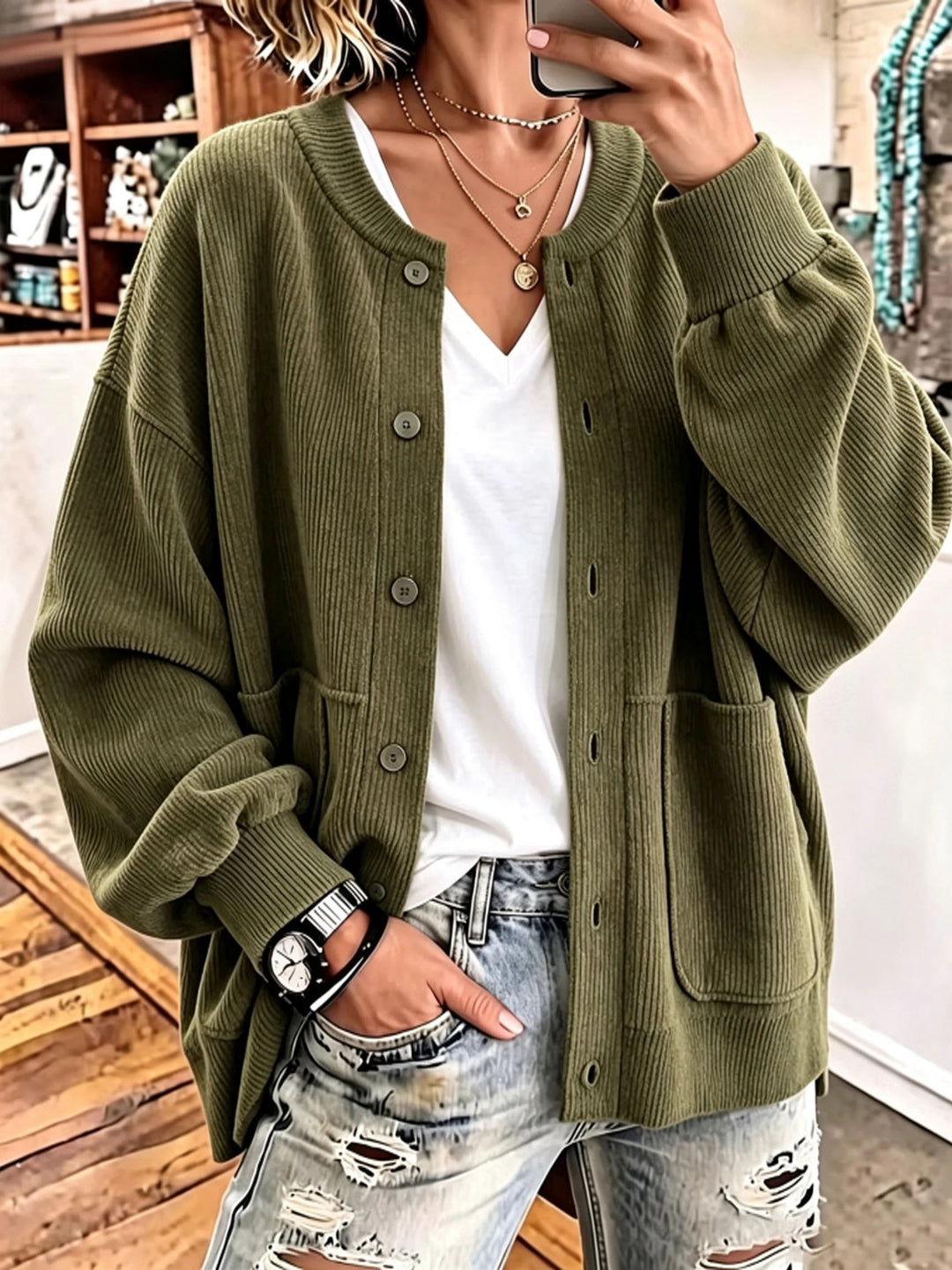 Rosie™ Oversized Ribbed Button Jacket