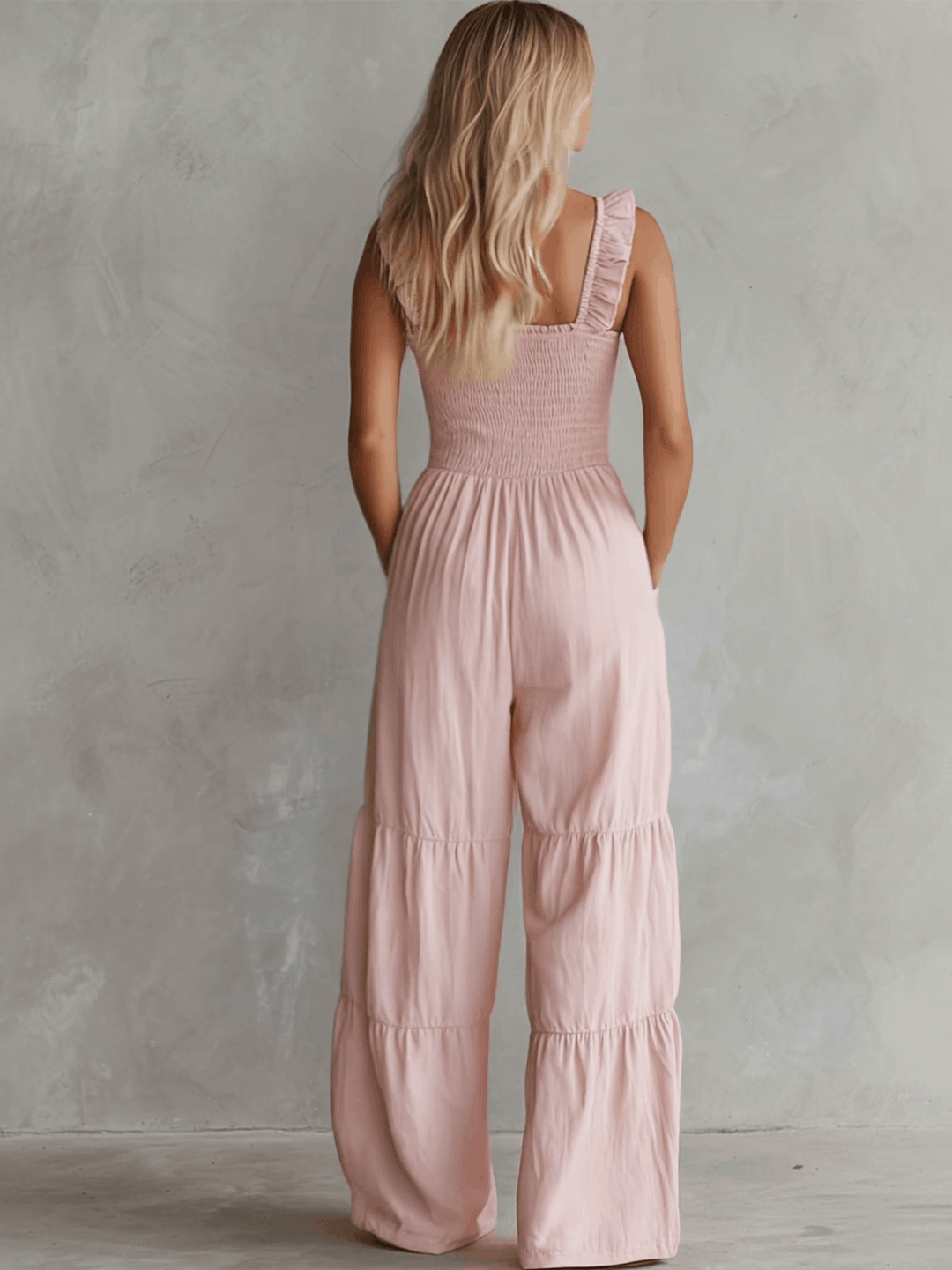Casual Retro Ruffled Pink Sleeveless V-neck Button Cotton And Linen Jumpsuit