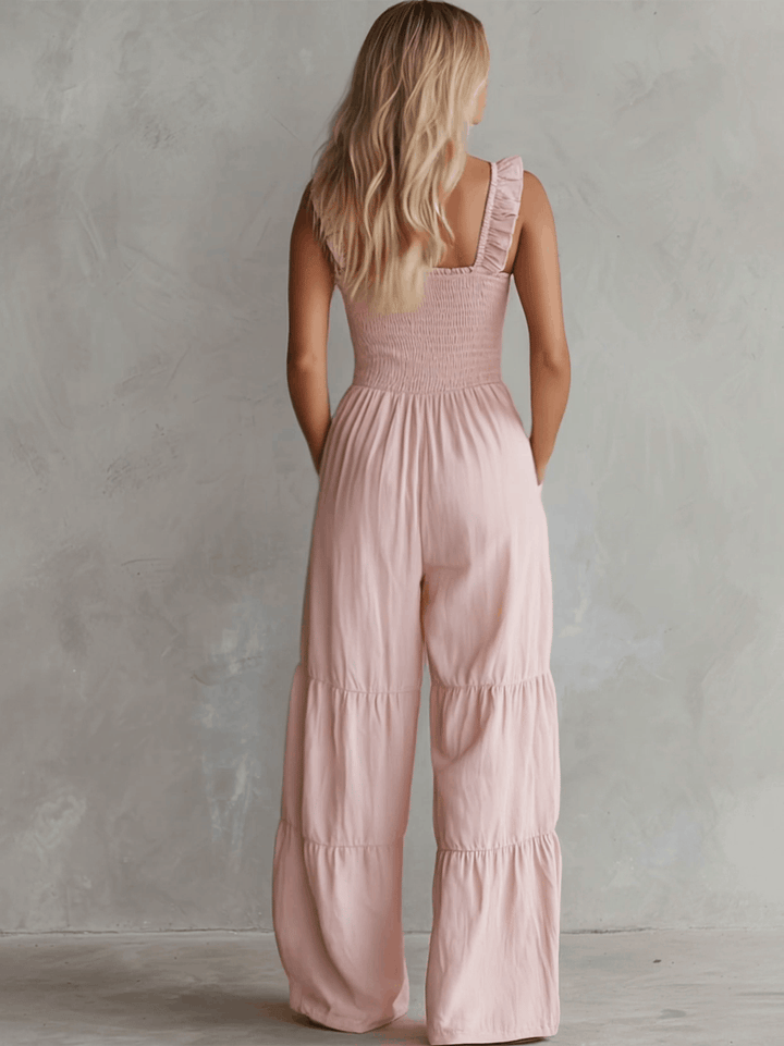 Casual Retro Ruffled Pink Sleeveless V-neck Button Cotton And Linen Jumpsuit