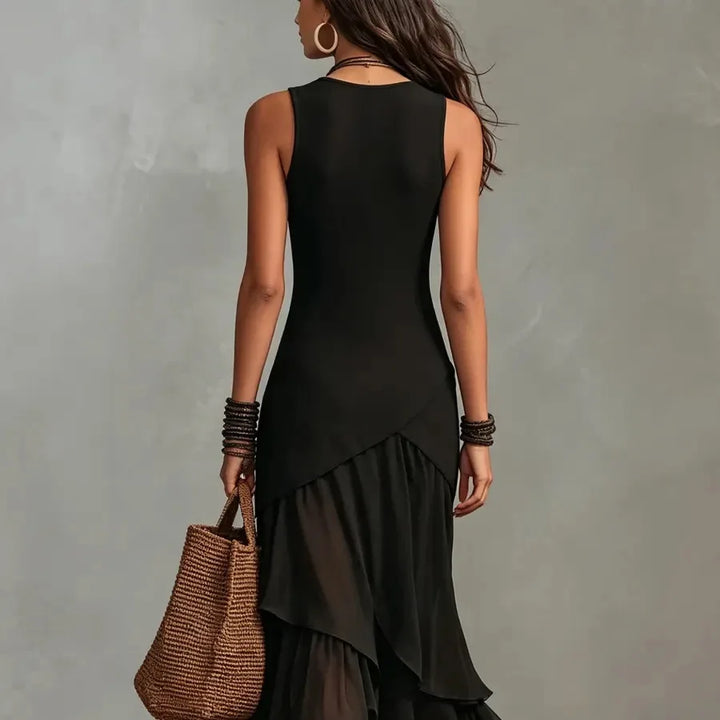 Cecelia™ | Black chiffon dress with ruffle trim and layered hem