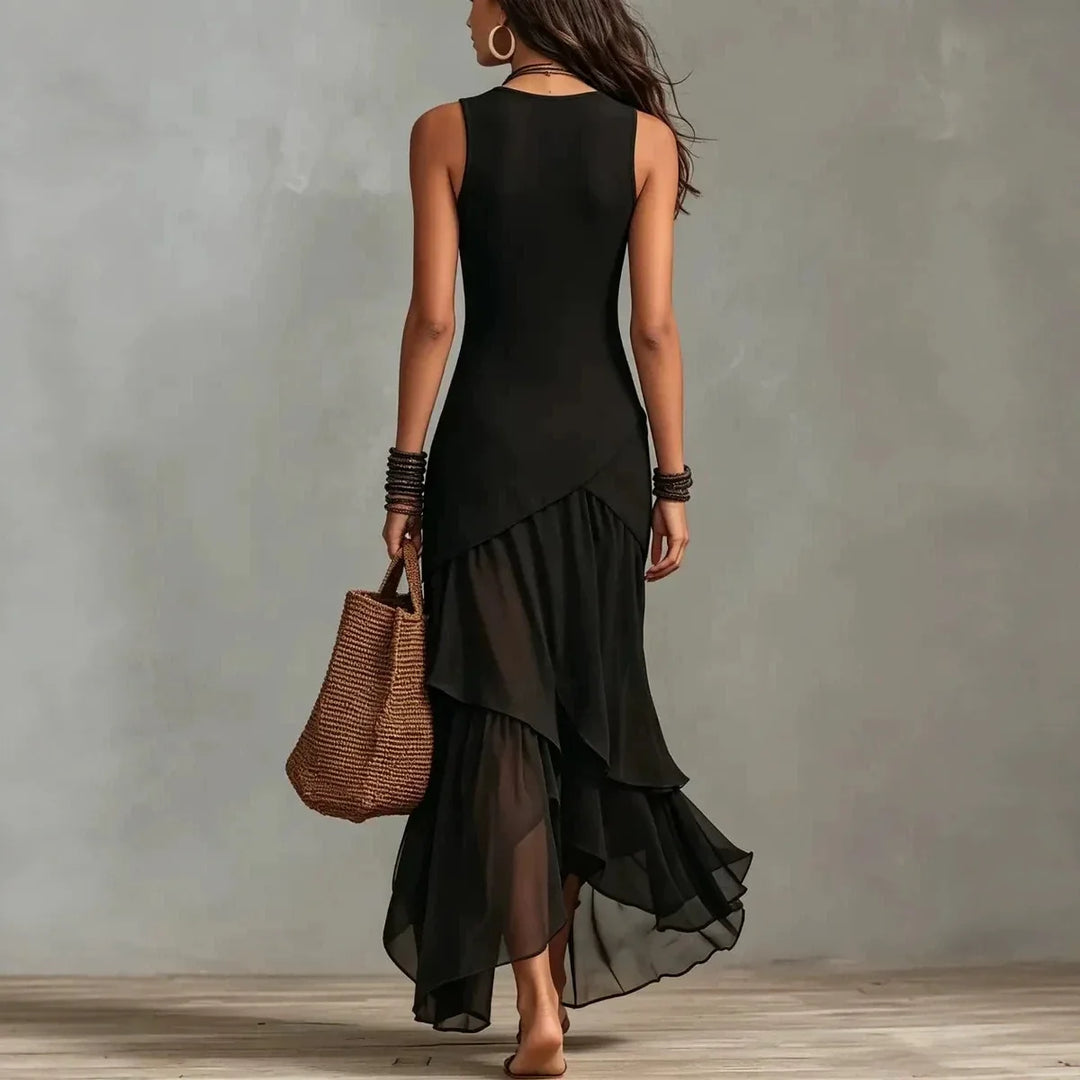 Cecelia™ | Black chiffon dress with ruffle trim and layered hem