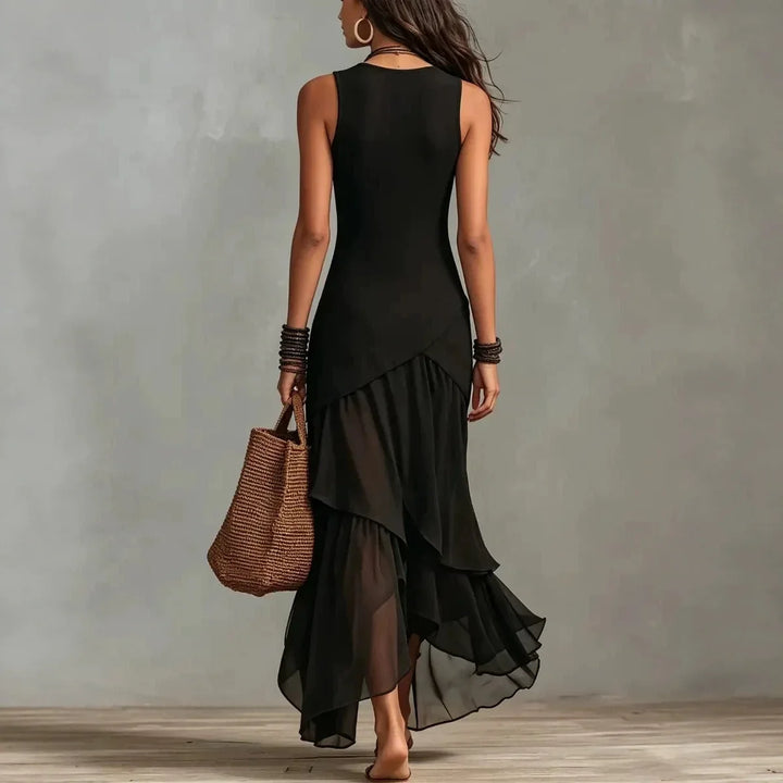 Cecelia™ | Black chiffon dress with ruffle trim and layered hem