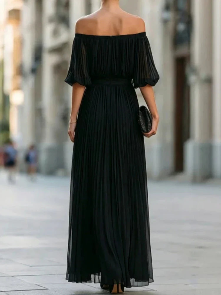 Henrietta™ | Off-shoulder chiffon dress with ruched skirt and side slit