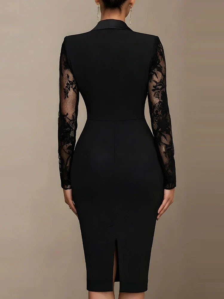 Seraphina™ | Black lace dress with deep V-neck and sheer sleeves