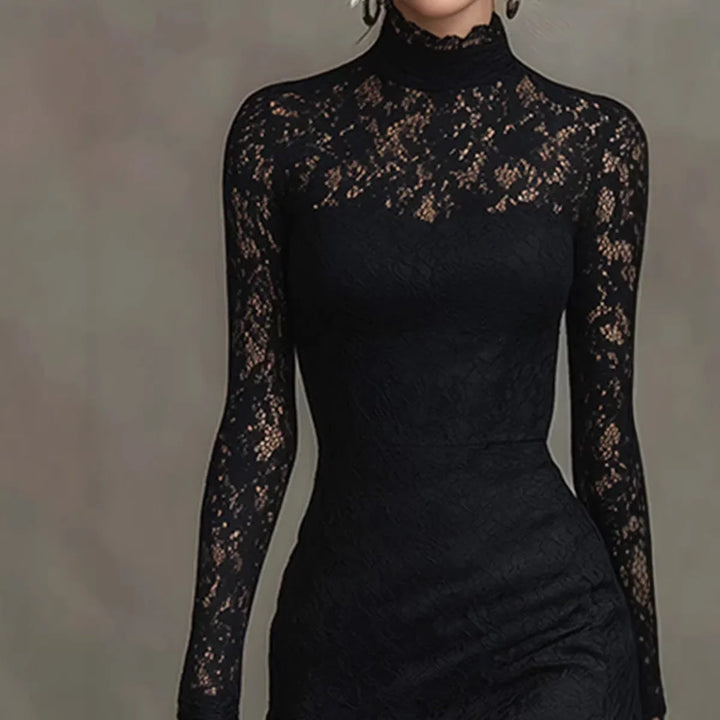 Godiva™ | Black lace evening dress with mock neck and long sleeves