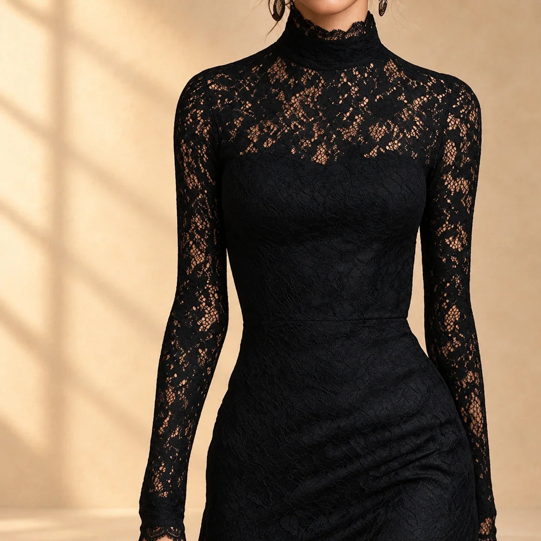 Arabella™ | Black evening dress with mock neck and long sleeves